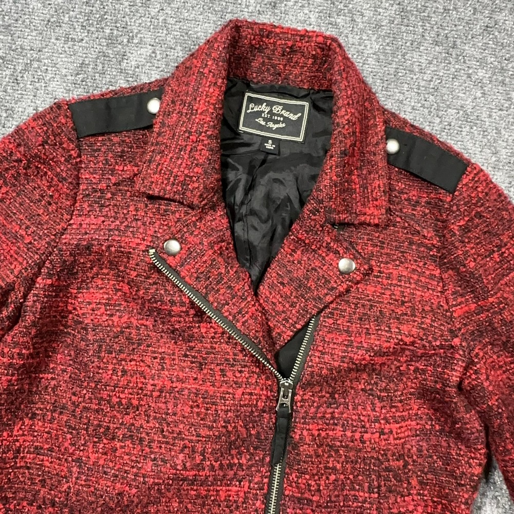 Lucky Brand Red Black Tweed Moto Jacket Asymmetrical Zip Small